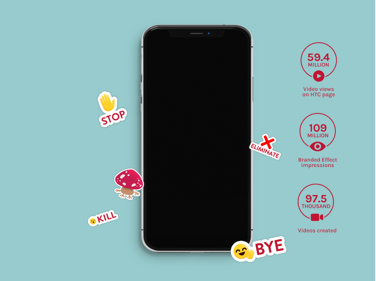 Phone view of a video frame for Canesten. The video is showing a woman mimicking removing the fungi by dancing and pushing them away.