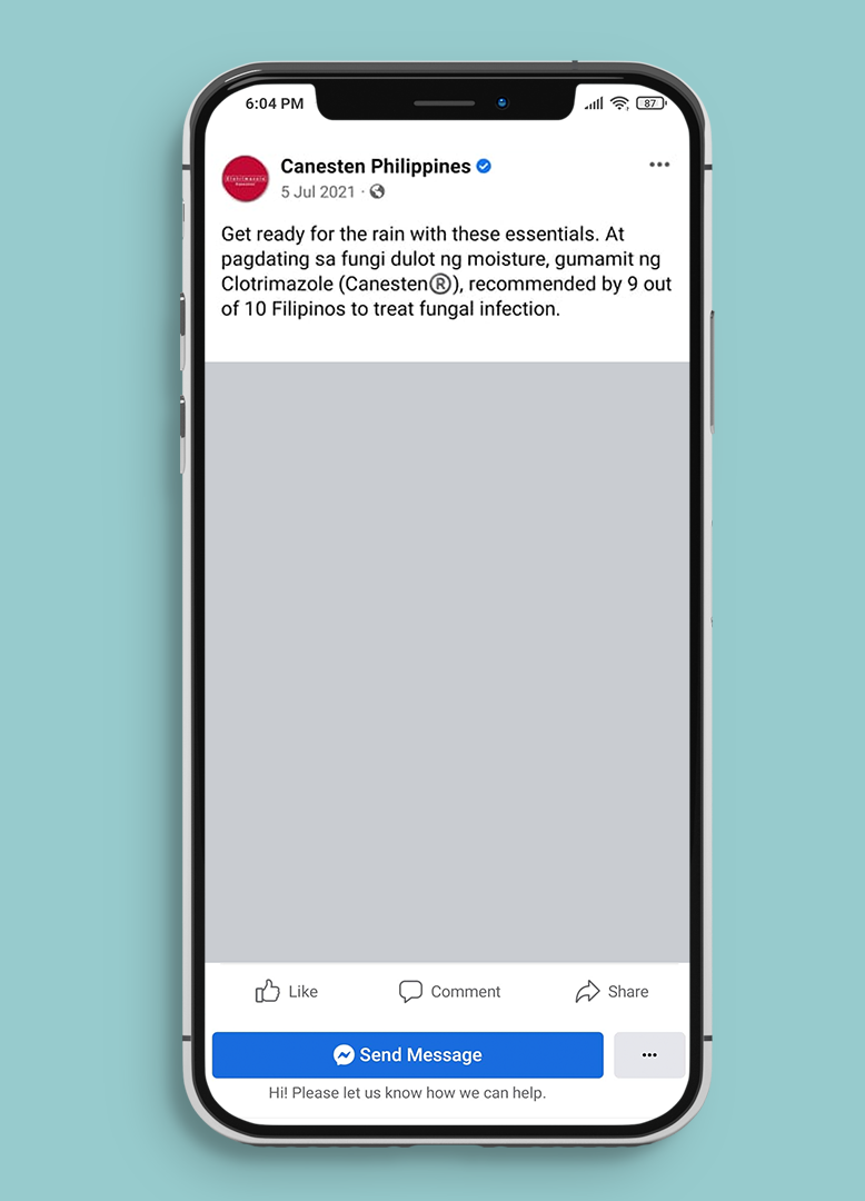 Phone view of a video frame for Canesten. The video is showing a woman mimicking removing the fungi by dancing and pushing them away.