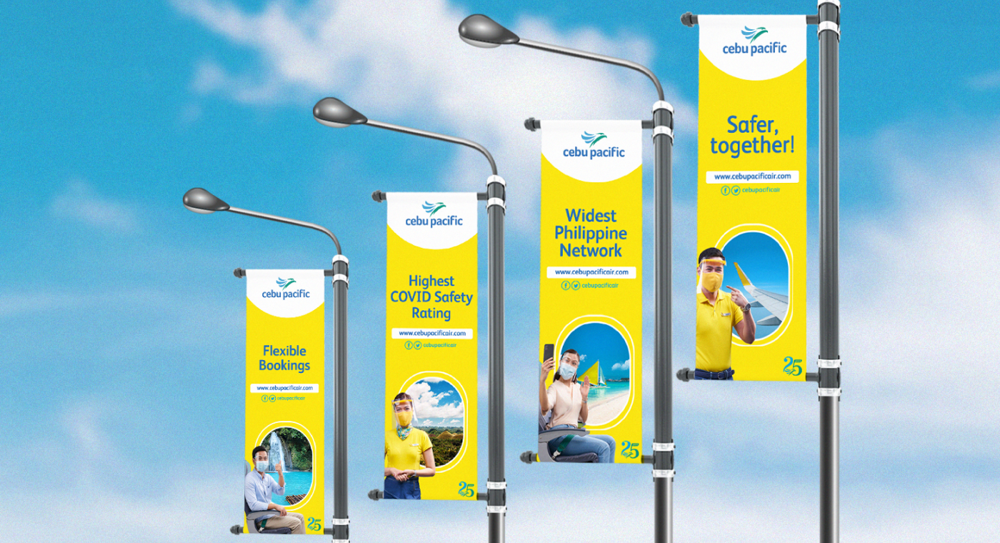 4 LPB's showing the safety measures during COVID restrictions taken in Cebu Pacific airplanes where both flight attendants and passengers wear face masks and face shields.