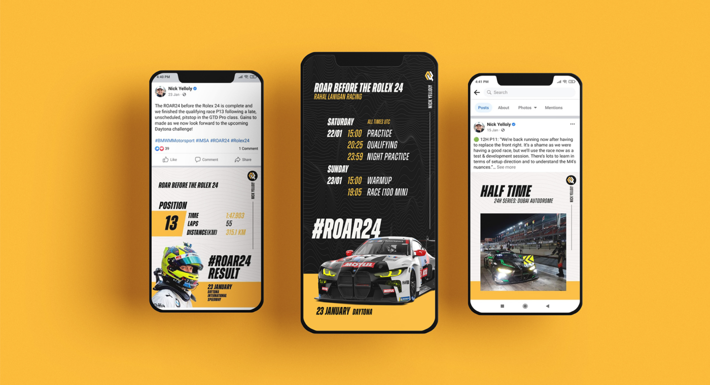 Phone view of social media Nick Yelloly posts showing position, race time and half time.