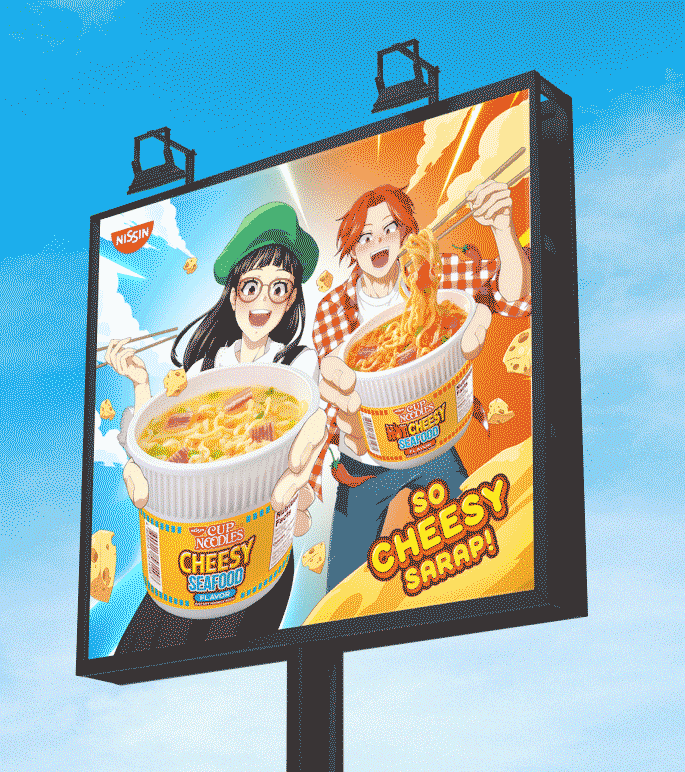 Billboard design of a drawing wtih girl and a guy each eating from the Nissin Cheesy Seafood cup.