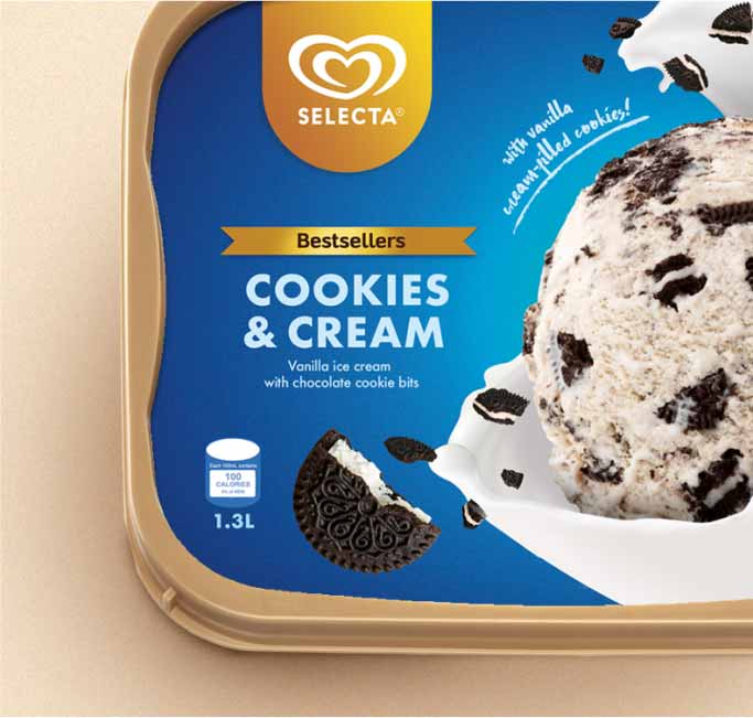 Package design of the Selecta  tub for the cookies & cream flavor.