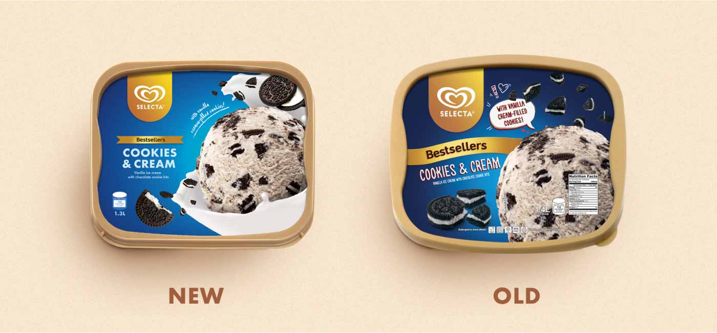 Comparison of the new and old design for the Selecta ice cream cookies & cream flavor tubs.